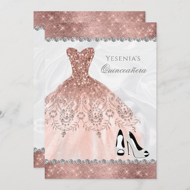 Rose Gold Diamond Sparkle Glam Quinceanera Einladung (Vorne/Hinten)