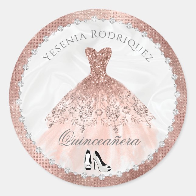 Rose Gold Diamond Sparkle Glam Quinceanera Runder Aufkleber (Vorderseite)