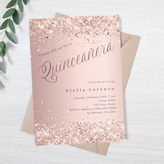 Rose Gold Drehbuch elegante Quinceanera Einladung (Von Creator hochgeladen)