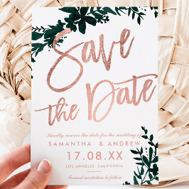 Rose Gold Drehbuch Floral green Save the Date weiß Ankündigungspostkarte