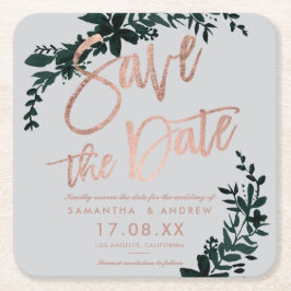 Rose Gold Drehbuch Floral grün Save the Date grau Rechteckiger Pappuntersetzer