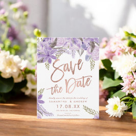 Rose Gold Drehbuch Floral Lavendel Save the Date Ankündigungspostkarte