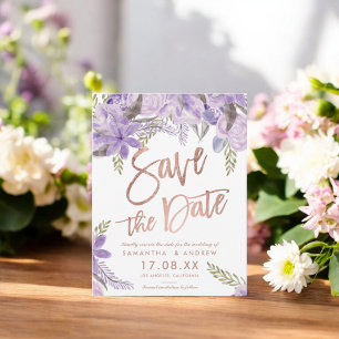 Rose Gold Drehbuch Floral Lavendel Save the Date Ankündigungspostkarte