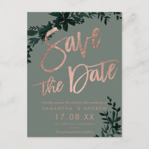 Rose Gold Drehbuch Floral Salbei Save the Date Ankündigungspostkarte