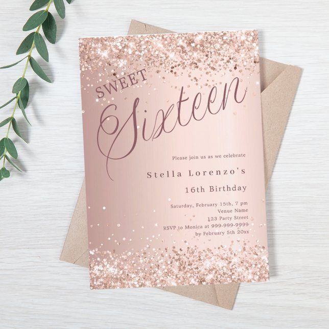 Rose Gold Drehbuch Glitzer Sweet 16 Einladung (Von Creator hochgeladen)