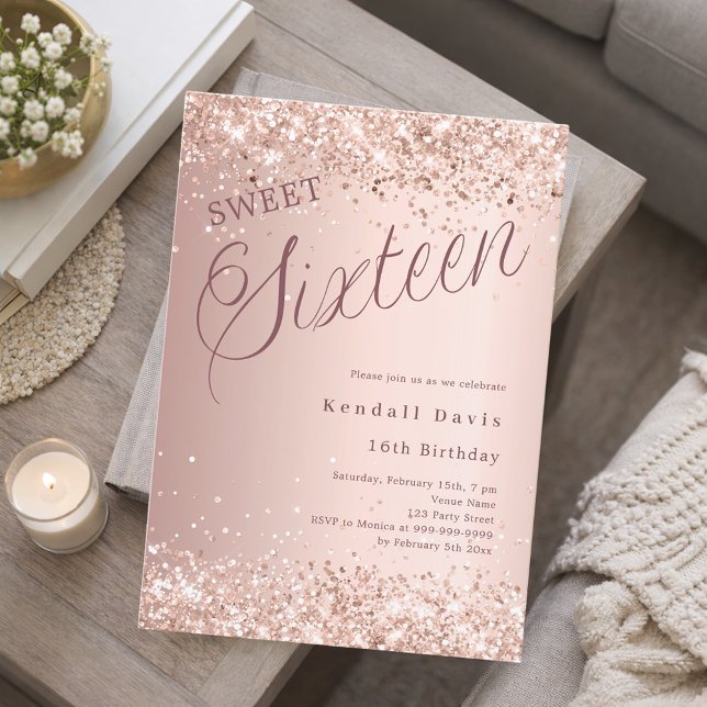 Rose Gold Drehbuch moderne Sweet 16 Einladung (Von Creator hochgeladen)