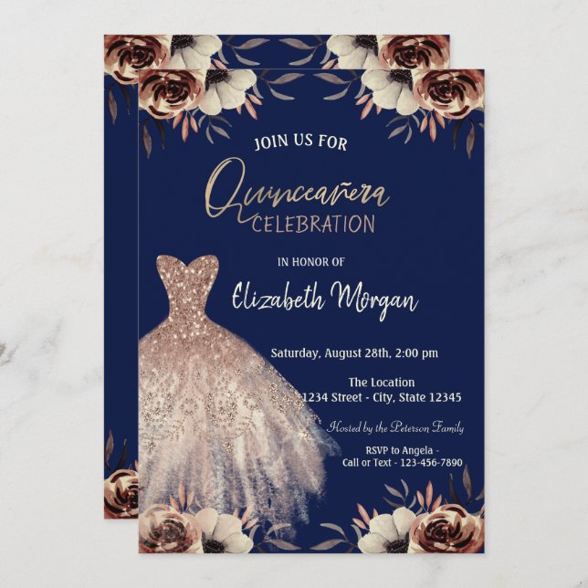 Rose Gold Dress Blume Navy Blue Quinceañera Einladung (Vorne/Hinten)