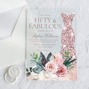 Rose Gold Dress Blush Blumenfrauen 50. Geburtstag Acryleinladungen