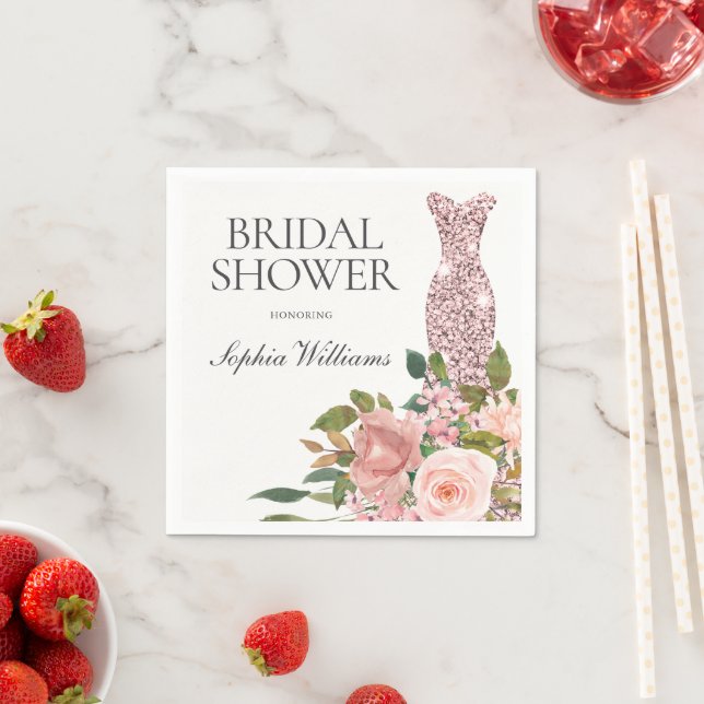 Rose Gold Dress & Blush Pink Blume Brautparty Serviette (Beispiel)