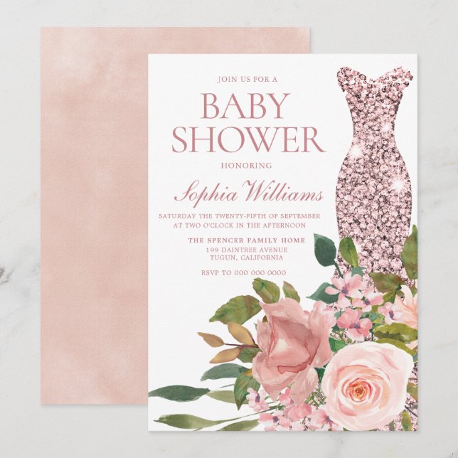 Rose Gold Dress & Blush Pink Blume Kinderdusche Einladung (Vorne/Hinten)
