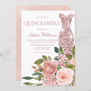 Rose Gold Dress & Blush Rosa Blume Quinceanera Einladung