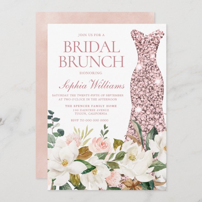 Rose Gold Dress Blush Weißes Brautparty Brunch Einladung (Vorne/Hinten)
