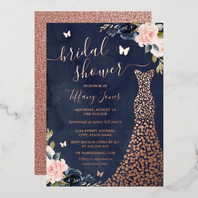 Rose-Gold-Dress-Brautparty Folieneinladung (Vorderseite/Rückseite)