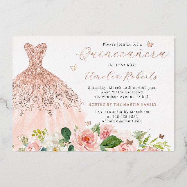Rose Gold Dress Elegante Blush Bloral Butterfly Folieneinladung (Vorderseite)