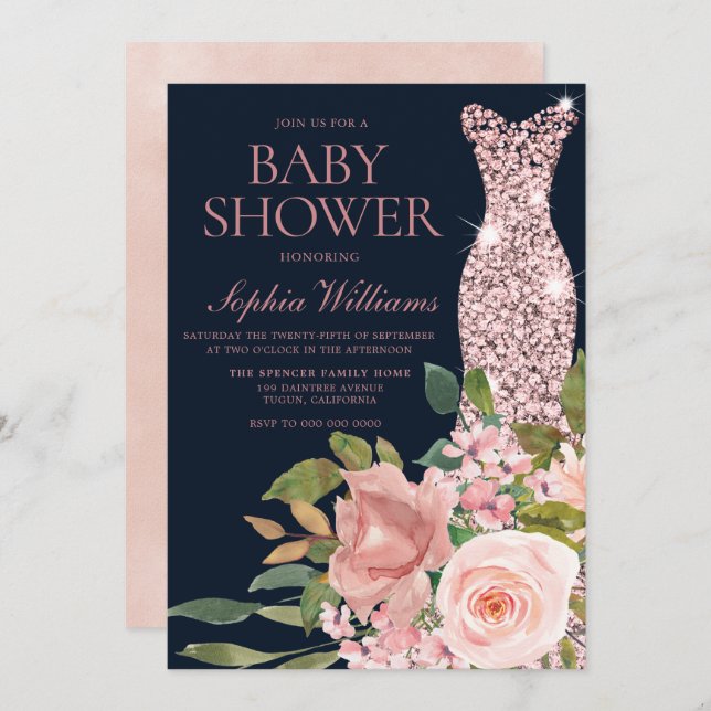 Rose Gold Dress Floral Baby Dusche Einladung (Vorne/Hinten)