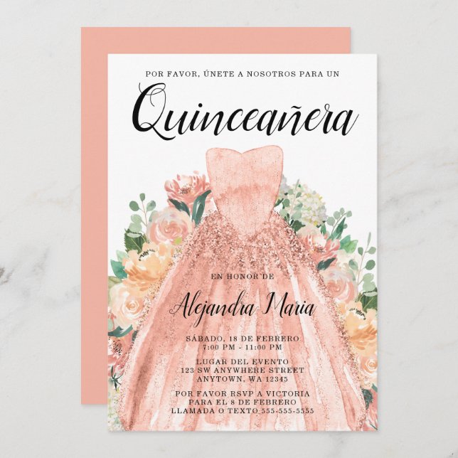 Rose Gold Dress Floral Quinceanera Spanisch Einladung (Vorne/Hinten)