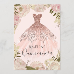 Rose Gold Dress Floral Rose Quinceanera Einladung