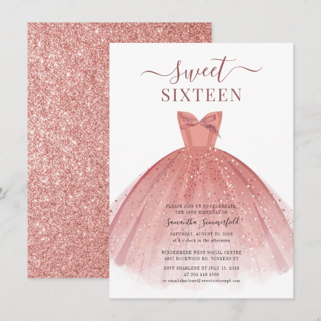 Rose Gold Dress Glitzer Sweet 16 Geburtstag Einladung (Vorne/Hinten)