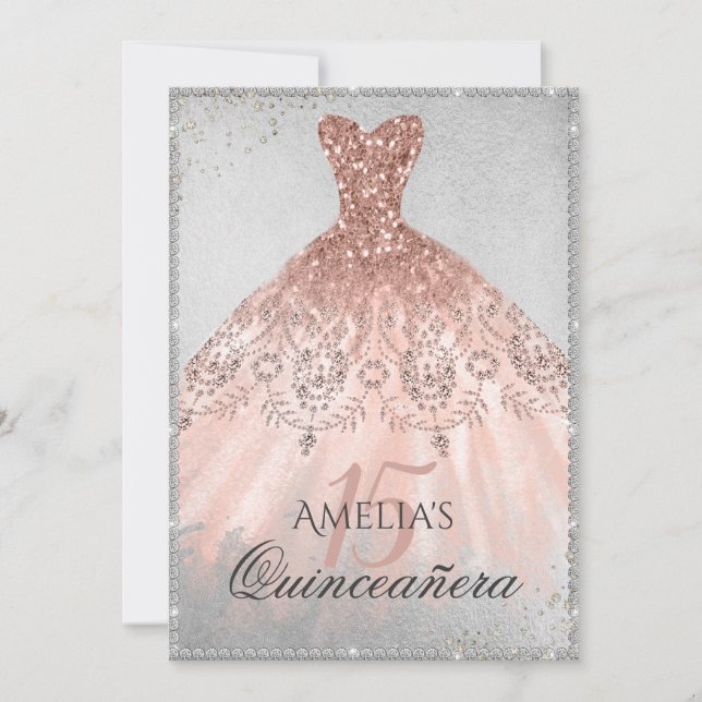 Rose Gold Dress Silver Sparkle 15. Quinceanera Einladung (Vorderseite)