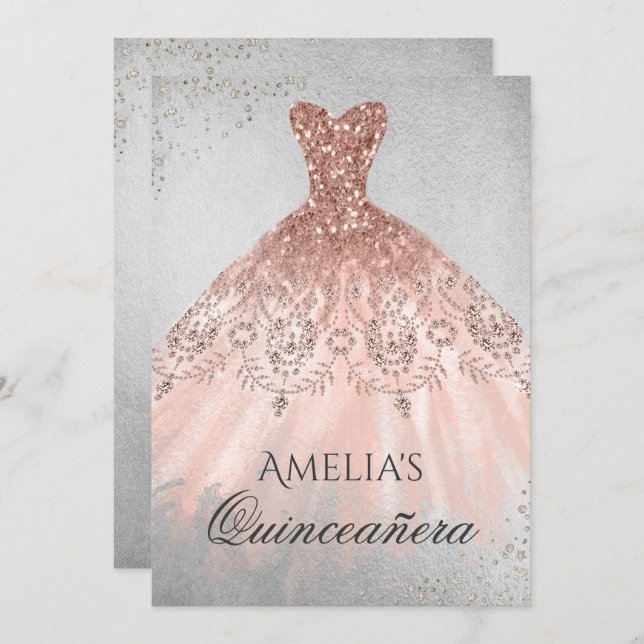 Rose Gold Dress Silver Sparkle Quinceanera Einladu Einladung (Vorne/Hinten)