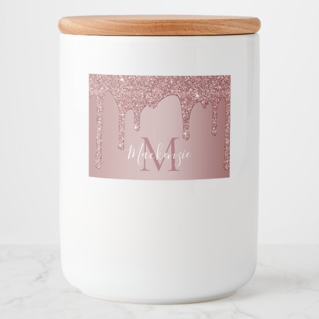 Rose Gold Drilling Glitzer Monogram Lebensmitteletikett (Vorderseite)