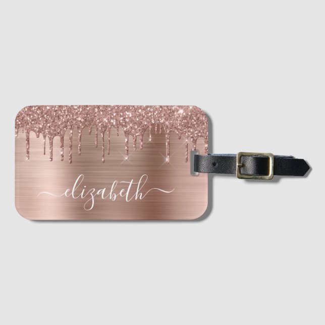 Rose Gold Drilling Glitzer Personalisiert Gepäckanhänger (Vorderseite (Horizontal))