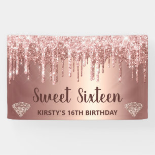 Rose Gold Dripping Glitzer & Diamond Sweet 16 Banner