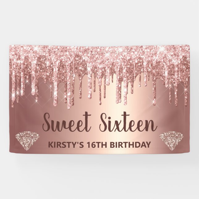 Rose Gold Dripping Glitzer & Diamond Sweet 16 Banner (Horizontal)