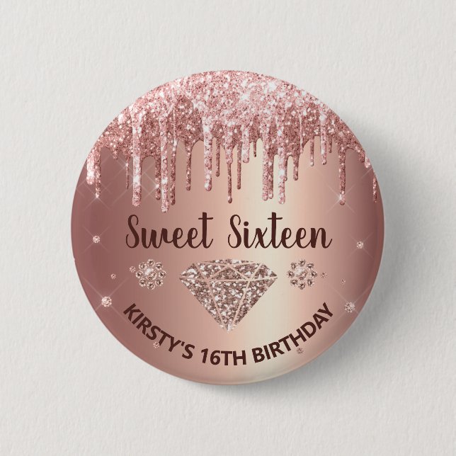 Rose Gold Dripping Glitzer & Diamond Sweet 16 Button (Vorderseite)
