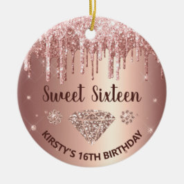 Rose Gold Dripping Glitzer & Diamond Sweet 16 Keramik Ornament