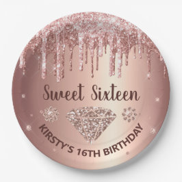 Rose Gold Dripping Glitzer & Diamond Sweet 16 Pappteller