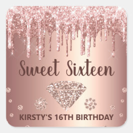 Rose Gold Dripping Glitzer & Diamond Sweet 16 Quadratischer Aufkleber