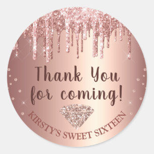 Rose Gold Dripping Glitzer & Diamond Sweet 16 Runder Aufkleber