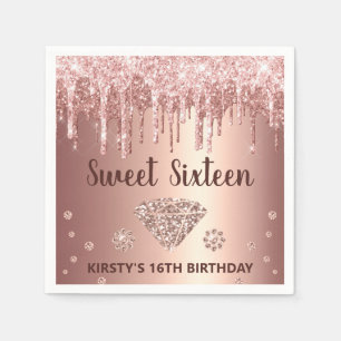 Rose Gold Dripping Glitzer & Diamond Sweet 16 Serviette