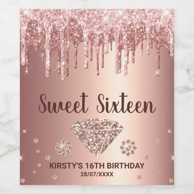 Rose Gold Dripping Glitzer & Diamond Sweet 16 Weinetikett (Einzelnes Label)