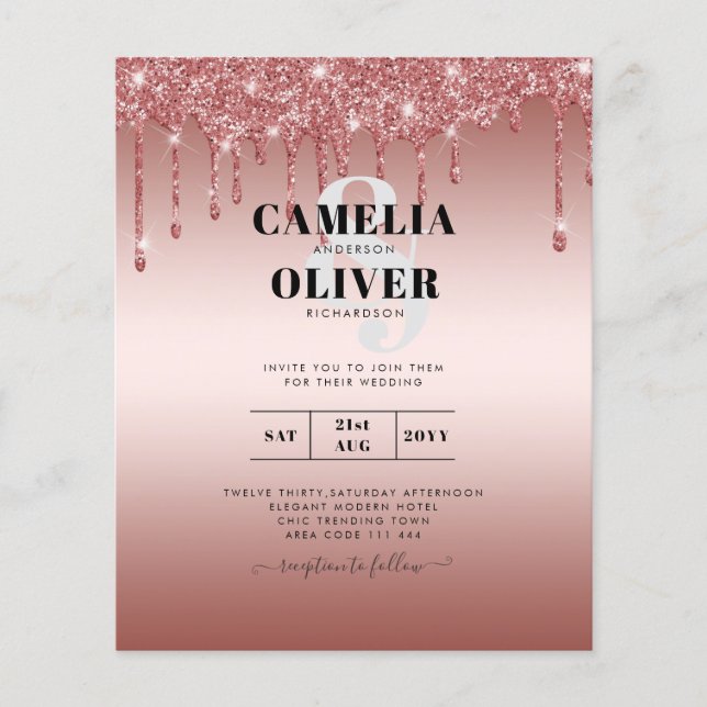 Rose Gold Dripping Glitzer Moderne Hochzeit Einlad Flyer (Vorne)