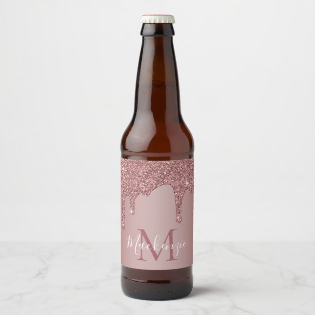 Rose Gold Dripping Glitzer Monogram Bierflaschenetikett (Vorderseite)