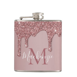 Rose Gold Dripping Glitzer Monogram Flachmann