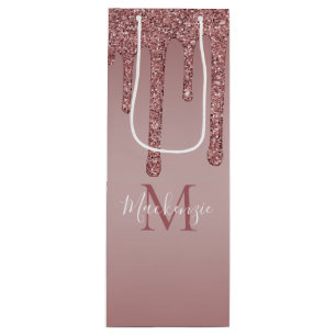 Rose Gold Dripping Glitzer Monogram Geschenktüte Für Weinflaschen