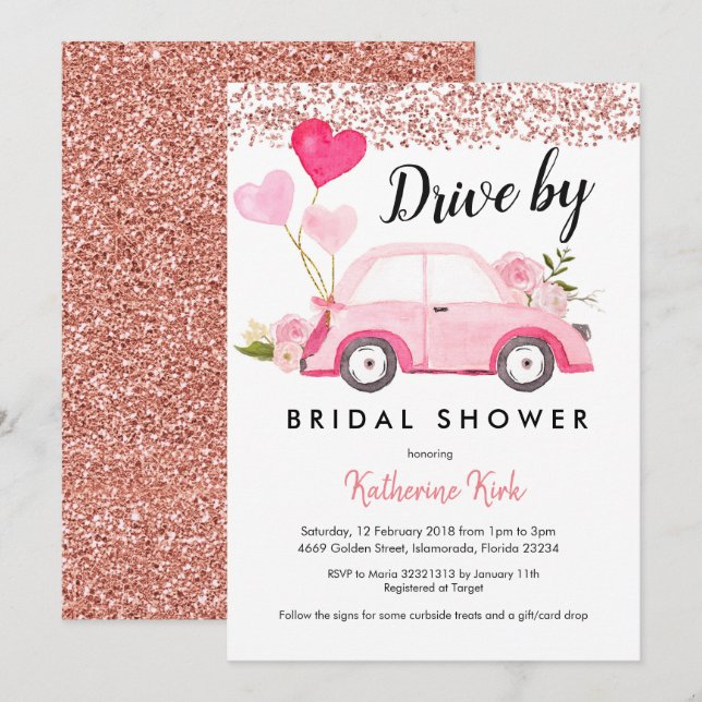 Rose Gold Drive by Bridal Dusche Einladung (Vorne/Hinten)