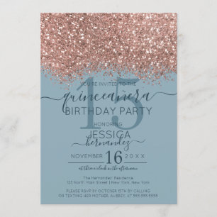 Rose Gold Dusty Blue Glitzer Confetti Quinceañera Einladung