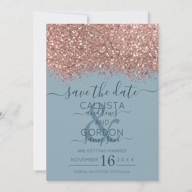 Rose Gold Dusty Blue Glitzer Confetti Wedding Save The Date (Vorderseite)