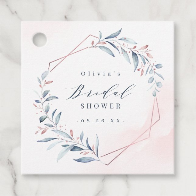 Rose Gold Dusty Blue Greenery Brautparty Geschenkanhänger (Vorderseite)