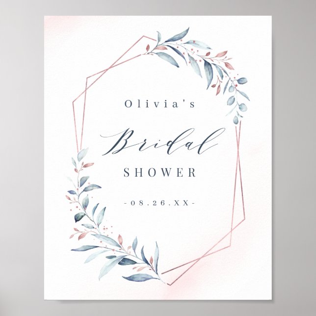 Rose Gold Dusty Blue Greenery Brautparty Poster (Vorne)