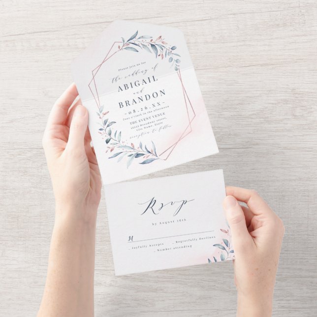 Rose Gold Dusty Blue Greenery Geometric Wedding All In One Einladung (Abreißen)