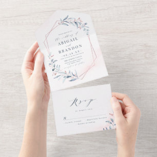 Rose Gold Dusty Blue Greenery Geometric Wedding All In One Einladung