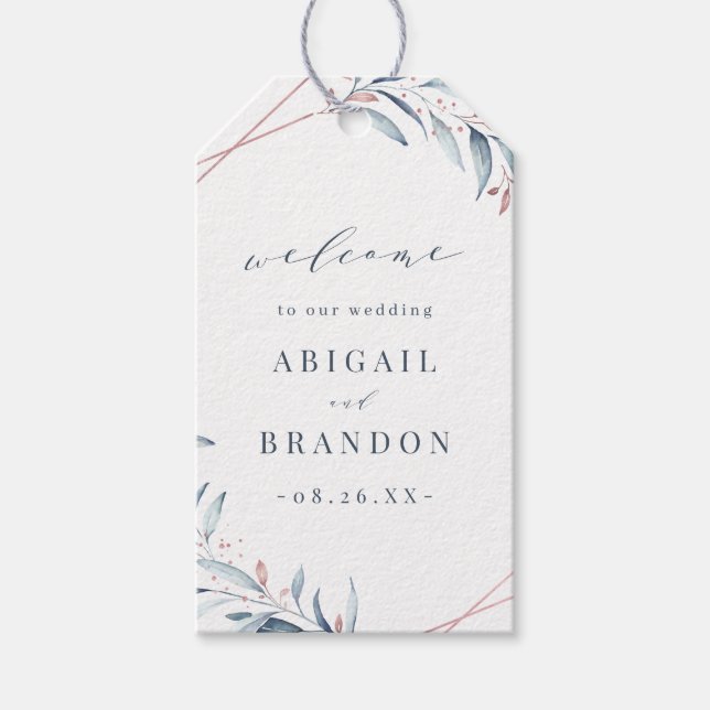 Rose Gold Dusty Blue Greenery Geometric Wedding Geschenkanhänger (Vorderseite)