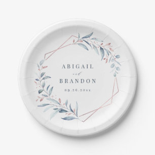 Rose Gold Dusty Blue Greenery Geometric Wedding Pappteller