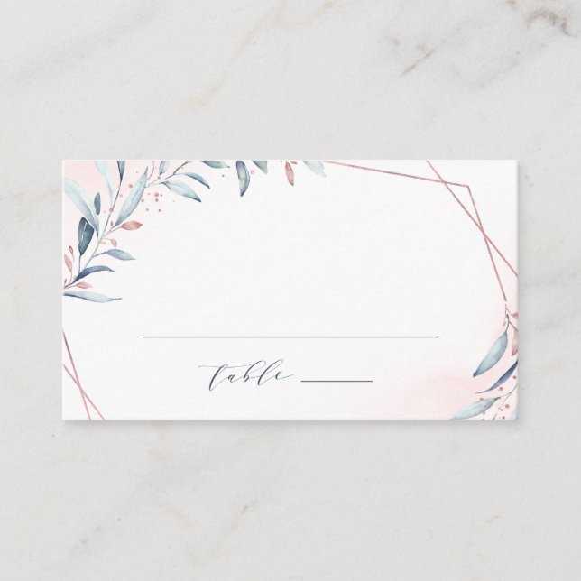 Rose Gold Dusty Blue Greenery Geometric Wedding Platzkarte (Vorderseite)
