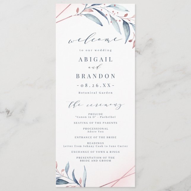 Rose Gold Dusty Blue Greenery Geometric Wedding Programm (Vorderseite)